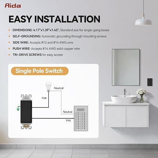 AIDA 4 Pack Single Pole Rocker Decora Light Switch, 15 Amp Self-grounding Electrical Light Switches, Residential Grade, UL Listed, Matte Black