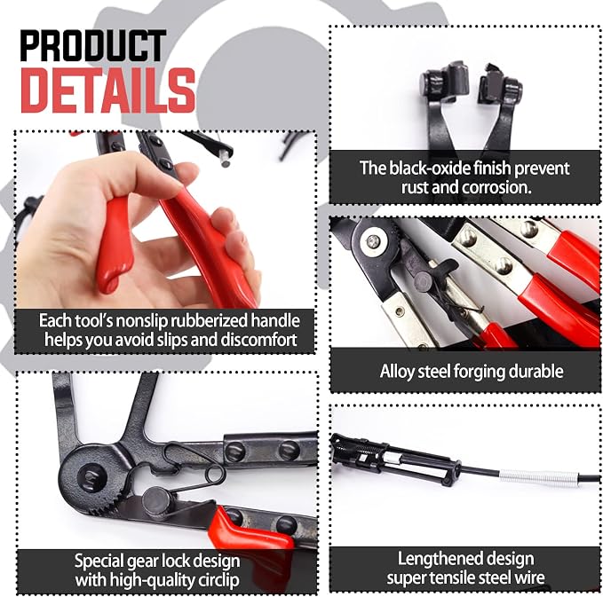 Swpeet 9Pcs Red Long Reach Flexible Wire Spring Hose Clamp Pliers Remover Assortment Kit, Clic R Type Angled Swivel Jaw and Flat Band Pliers for Automotive Radiator Heater and Water Hose
