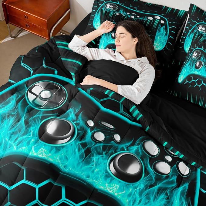 Erosebridal Boys Gamer Bed in a Bag King Size Comforter Set 7 Pieces Ombre Art Honeycomb Sheet Set Teal Neon Lights Bedding Set Game Consoles Bed Set Geometry Hexagon Beehive Gaming Room Decor