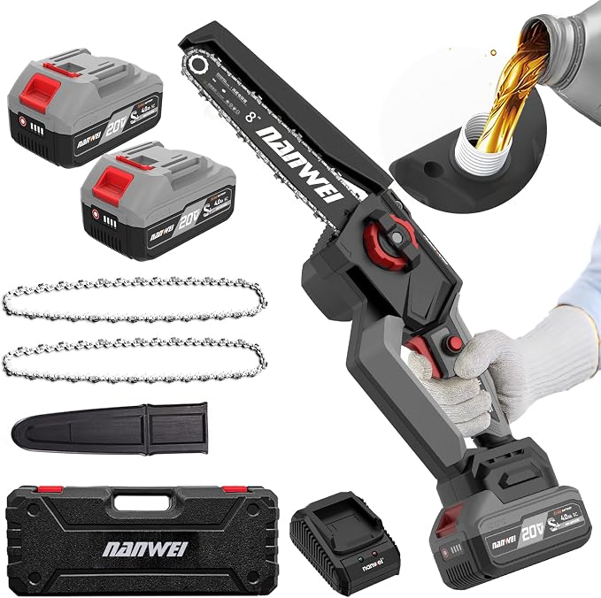 NANWEI 8 Inch Cordless Chainsaw for Tree Trimming & Wood Cutting, Lightweight Handheld Mini Chain Saw with 2 x 4.0Ah Batteries, Brushless Motor for Long Runtime & Low Noise