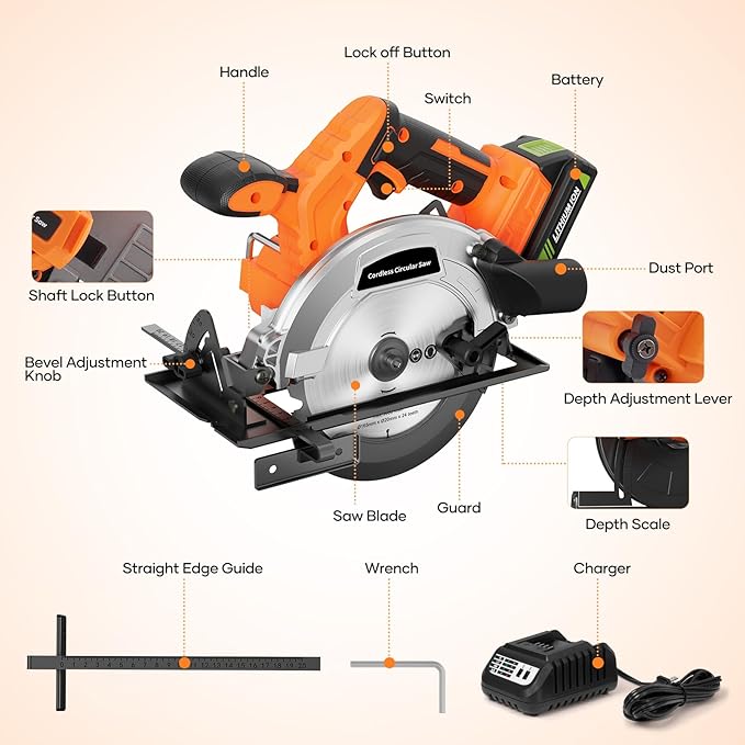 20V 6-1/2-inch Cordless Circular Saw, 2.0Ah Battery Powered: Brushless Motor, 45° Bevel Capacity, Max Cutting Depth 2-1/4-inch (90°), 1-1/2-inch (45°), Electric Circular Saw for Wood, Plastic Cutting