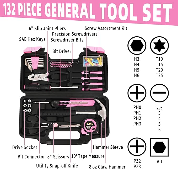 132 Piece Pink Tool Set, Womens Tool Kit for House, All Purpose Tool Kit for Home & Women, Small Home Repair Tool Set with Plastic Storage Toolbox for Garage, Office, College Dormitory, DIY Projects
