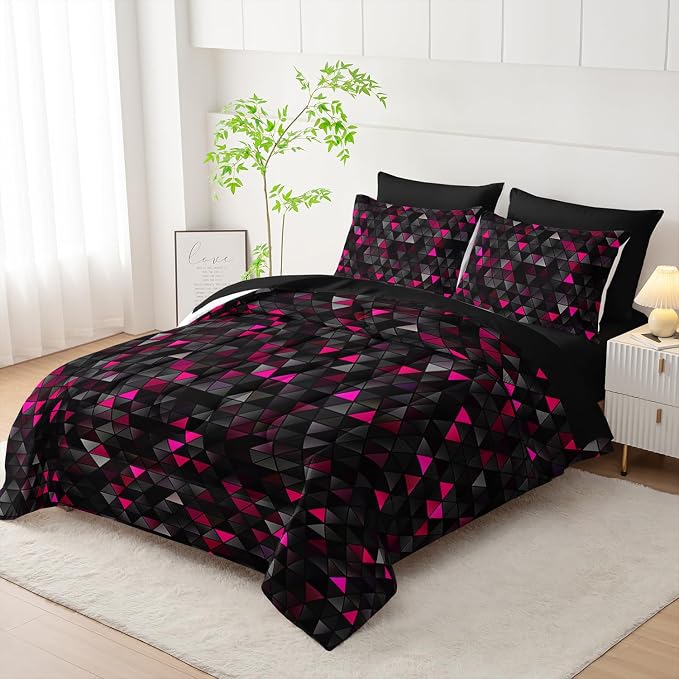 Nttopship Geometric Pink Black Triangle Twin Size Comforter Set,Light Honeycomb Bedding Set 7 Piece in A Bag,Bed Sheet Set Geometry Decor,Microfiber Lightweight All Season