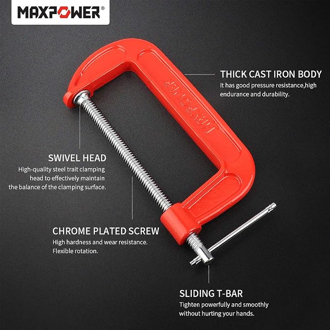 MAXPOWER 6-inch C Clamps Set, 3-inch Throat Depth, Pack of 4, Heavy Duty Ductile Cast Iron C-clamps for Welding, Woodworking, Metal Workpiece