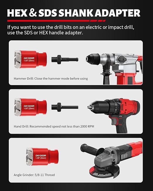 DAYDOOR Diamond Hole Saw Kit, 11-PieceTile Hole Saw Kit 1/4" 5/16" 4/5" 1" 1-3/8" 2" 2-1/2" 4",Vacuum Brazed Core Drill Bits for Porcelain Tile, Granite, Marble, Stone(Red)