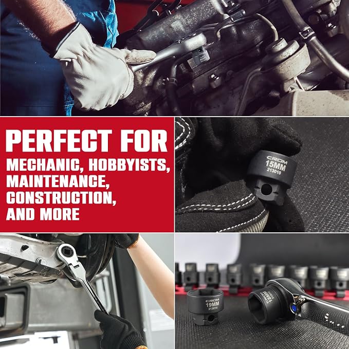 CROM Stubby Impact Socket Set 3/8" Drive Metric 6-19mm 14-Piece | Low Profile, CR-MO Steel, Nano Shallow Impact, Includes Aluminum Storage Rail