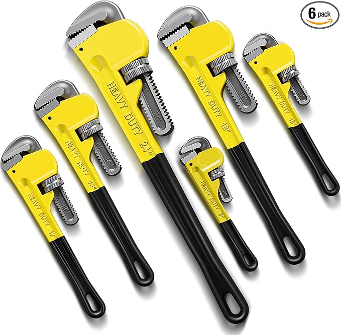 6 Piece Heavy Duty Pipe Wrench Set - 8", 10", 12", 14", 18", 24", Adjustable Chrome Vanadium Steel Plumbing Wrench Set with Soft Handle & Gloves for Plumbers, Pipeline, Auto Repair(Yellow)