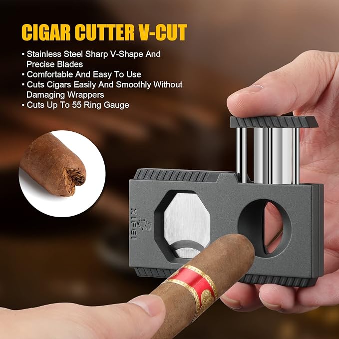 XIFEI Cigar Cutter V-Cut Guillotine 3 in 1 Straight Cut V Cutter with Cigar Punch Stainless Steel Blade Ergonomic Design Secure-Lock Cigar Clipper,Cuts Up to 60 Ring Gauge Cigars (Black)