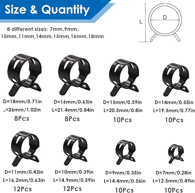 Tnisesm 81Pcs Spring Band Hose Clamps Assortment Kits with Hose Clamp Pliers Silicone Vacuum Hose Pipe Clamp 7mm 9mm 10mm 11mm 14mm 15mm 16mm 18mm Low Pressure Air Clip Clamp
