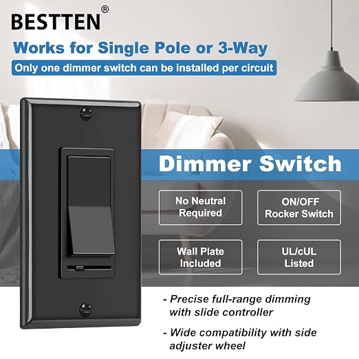 BESTTEN 10 Pack Dimmer Wall Light Switch, Compatible with Dimmable LED, CFL, Incandescent and Halogen Bulb, Single Pole or 3-Way Dimmer Switches, 120VAC, Decorator Wall Plate Included, Black