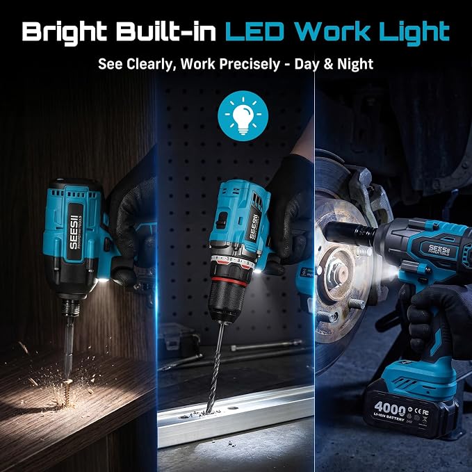 Seesii Impact Wrench Drill Driver,Power Tool Combo Kit For Car Home DIY | 1000N.m Impact Gun,1/4" 180N.m Impact Driver and 3/8" 50N.m Cordless Drill,2 * 4.0Ah Bartteris,Brushless,Fast Charger