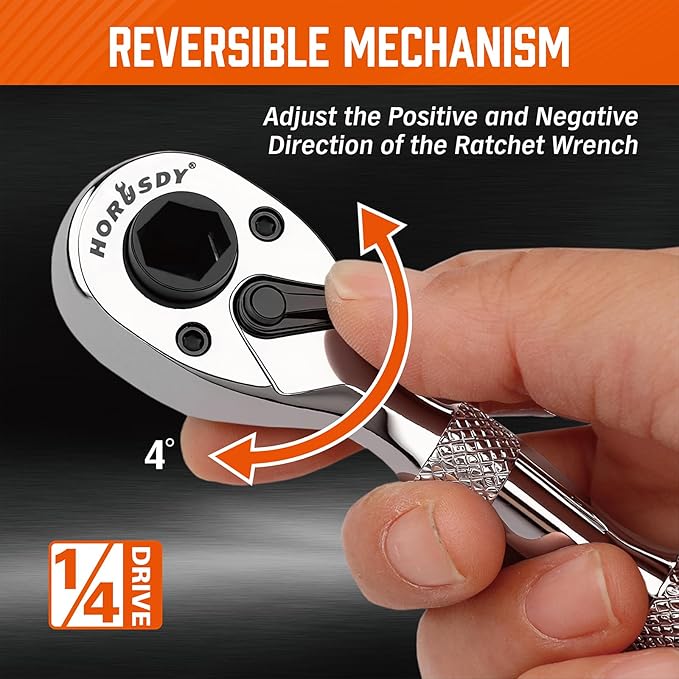 HORUSDY 1/4-Inch Stubby Ratchet Wrench Set, Chrome Alloy 90-Tooth Reversible 1/4" Drive Handle with Magnetic Bit Driver & 1/4" to 3/8" Adapter, Compact Socket Wrench for Tight Spaces, Auto, DIY