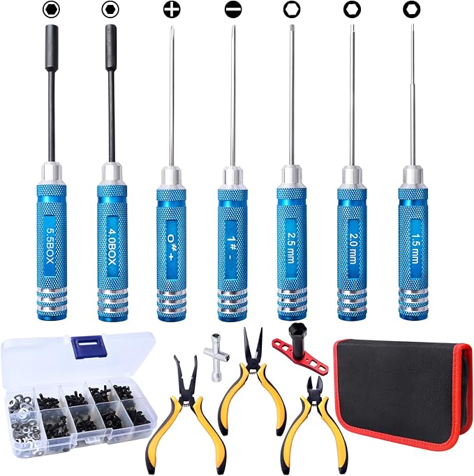 RC Tool Kit & Screw Kit Hardware Set (Flat, Phillips, Hex), Pliers, Wrench, Repair Tools for Quadcopter Drone Airplane Accessories Compatible with Traxxas Arrma Axial Redcat Losi Models