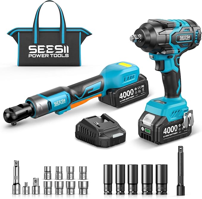 Seesii 1/2" Impact Wrench & 3/8" Ratchet Combo Kit for Auto Repair | 738 ft-lbs brushless impact gun & 60 ft-lbs ratchet, 2×4.0Ah batteries & charger, sockets & tool bag, for construction/DIY