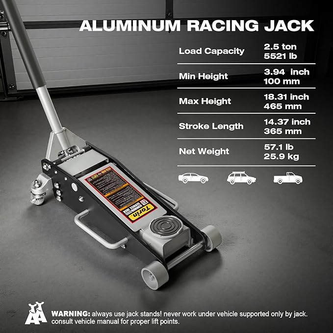 Torin 2.5 Ton Low Profile Aluminum/Steel Racing Floor Jack with Dual Piston Quick Lift Pump, 5521 lb Capacity, Lift Range 3.94"-18.31", SUV & Truck Compatible, Red