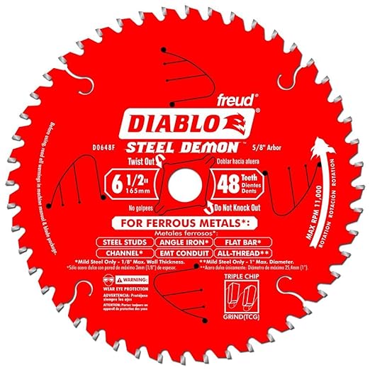 Diablo Steel Demon Cermet II Saw Blade for Metals and Stainless Steel - 6-1/2" Diameter, 48 TCG Teeth, 5/8" Arbor, .061" Kerf, 0° Hook Angle, 5800 Max RPM - D0648CFX