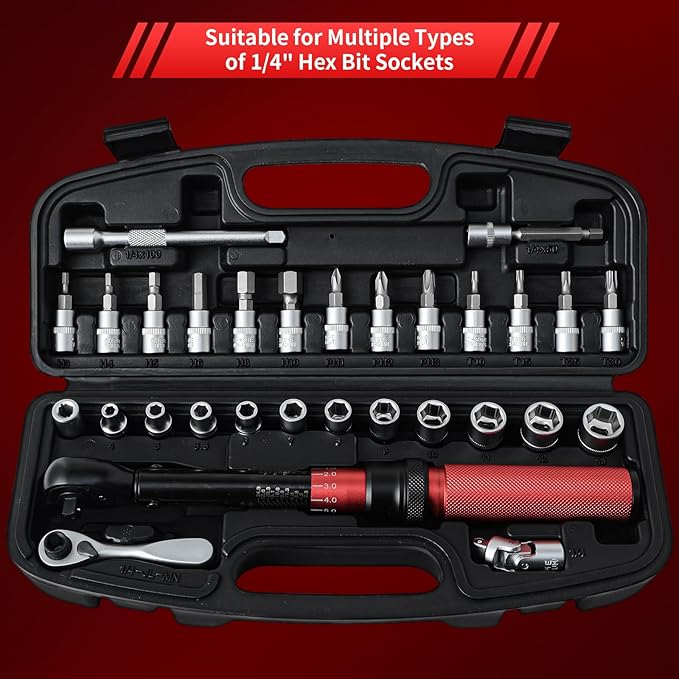 Hairich Torque Wrench Bicycle,1/4 inch drive 2.3-24.9 N.M/20-220IN.LB, Bike Torque Wrench Set,30PCS Click Torque Wrenches with 1/4 Ratchet Wrench, Extension Bar, Sockets for Bicycle
