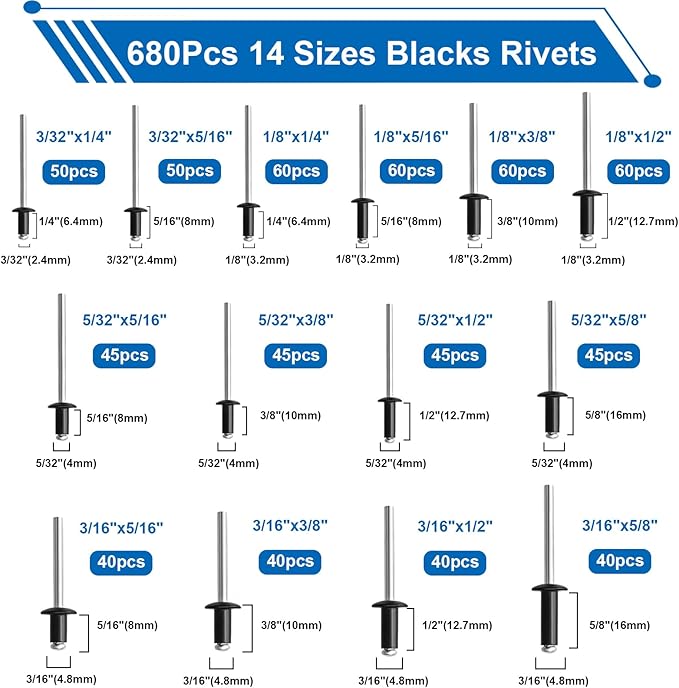 smseace Black, Silver(Can Choose) Pop Rivet Gun Kit Black Pop Rivets, Large Flange Rivets, Washers and Rivets Gun Tool Packed in Portable Toolbox with Color Label