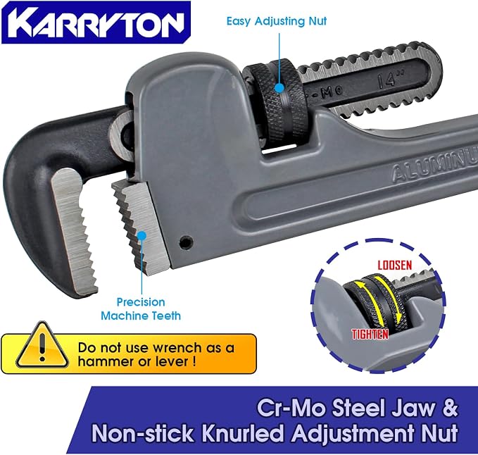 14 Inch Aluminum Pipe Wrench, 2-3/4"/70mm Adjustable Cr-Mo Jaw Opening Heavy Duty Aluminum Straight Handle Plumbing Wrenches, Perfect Plumbers Tool Exceed GGG Standard