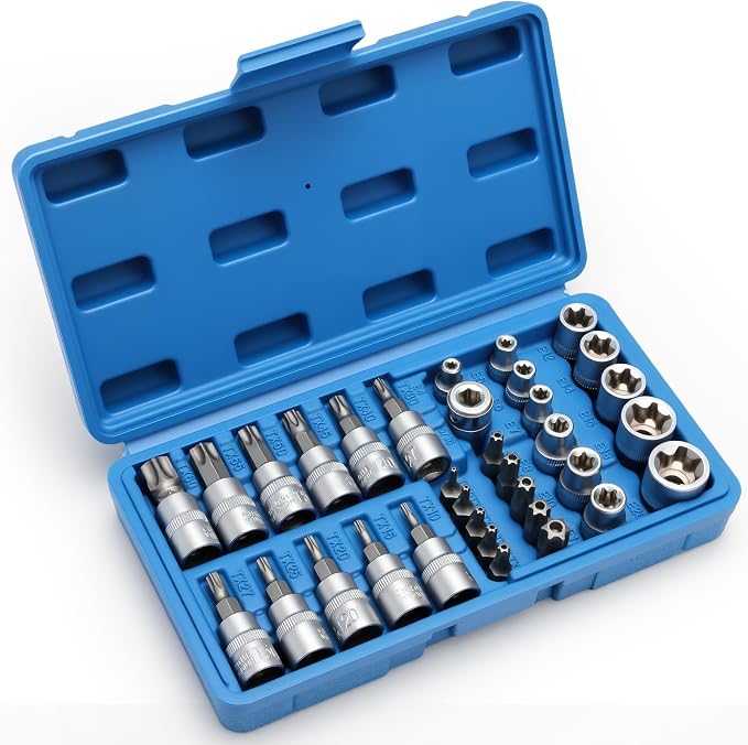 DISEN 34-Piece 3/8'' Drive Torx Star Bit sockets | CR-V E-Socket Set, E4-20, T10-60, Tamper Proof Set TT10-TT55, 5/16"F to 3/8"M adapter with Storage Case