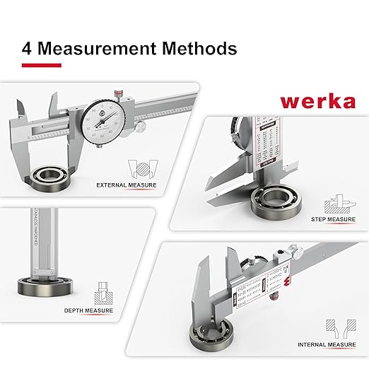 werka Dial Caliper 6 Inch, Shockproof Dial Caliper Measuring Tool with 0.001" Precision Micrometer Caliper with Custom Case, 4-Way Measurement, Stainless Steel