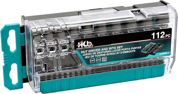 HB 112-Piece Magnetic Nut Driver & Bit Set KKM002-U, Phillips Pozi Slotted Hex Star Square Spline Tri-Wing Torq Clutch Bits, Magnetic Holder, Socket Adapter, Screwdriver Handle, Case, Made in Taiwan