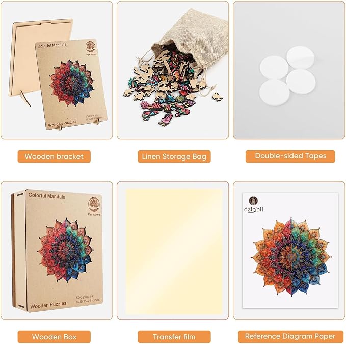 Mys Aurora Colorful Mandala Wooden Puzzles for Adults, 500 Piece Unique Shaped Wood Jigsaw Puzzles for Adults and Kids, Fun Challenging Puzzles Family Game Gift, 16.5'' x 16.4''