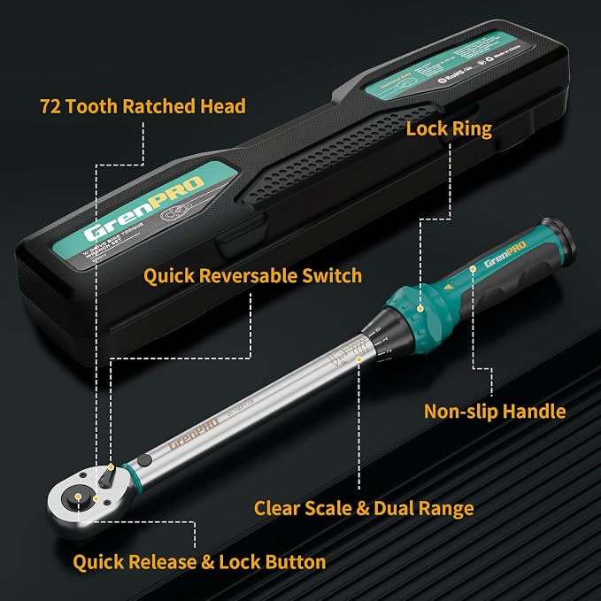 GRENPRO 1/2" Drive Click Torque Wrench 25-250 Ft.Lb – Dual-Direction Adjustable with Dual Range Scales, 72-Tooth Precision Ratchet, ±3% Accuracy – for Bike, Motorcycle, Car Repair & DIY Maintenance