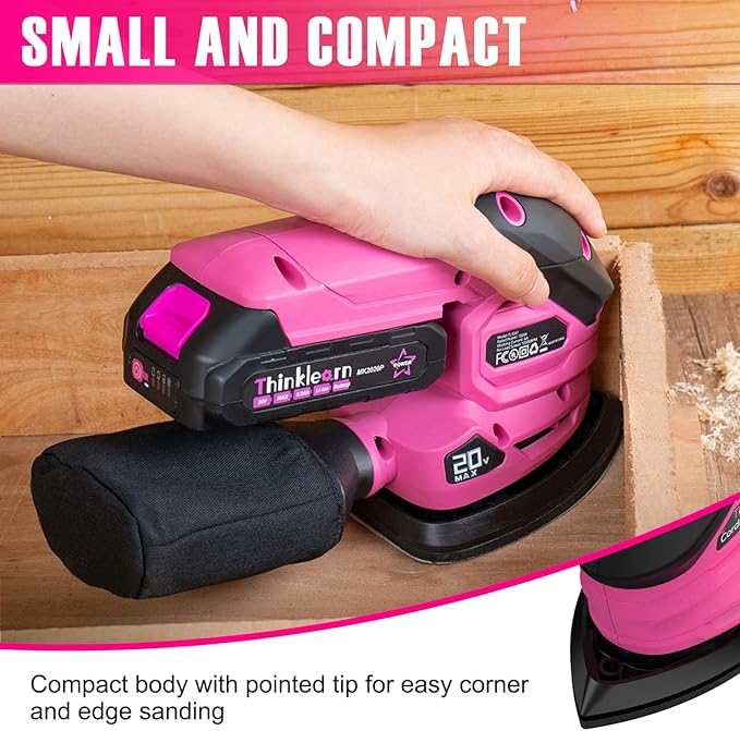 THINKLEARN Cordless Detail Sander - 20V Electric Hand Sander with 22Pcs Sandpapers, 12000 RPM Mouse Sanders with Dust Bag, Compact Palm Sanding Tool for Woodworking, 2.0Ah Battery and Charger Included