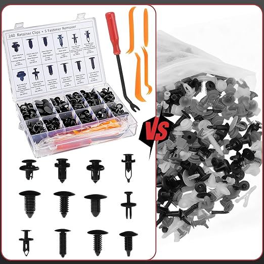245Pcs Car Retainer Clips & Tools All-in-One Kit - 240 Black Push Pins (12 Sizes) with 5 Orange Pry Bars Stored Inside Box. Portable Bumper Fender Fastener Set for GM Ford (245Pcs)