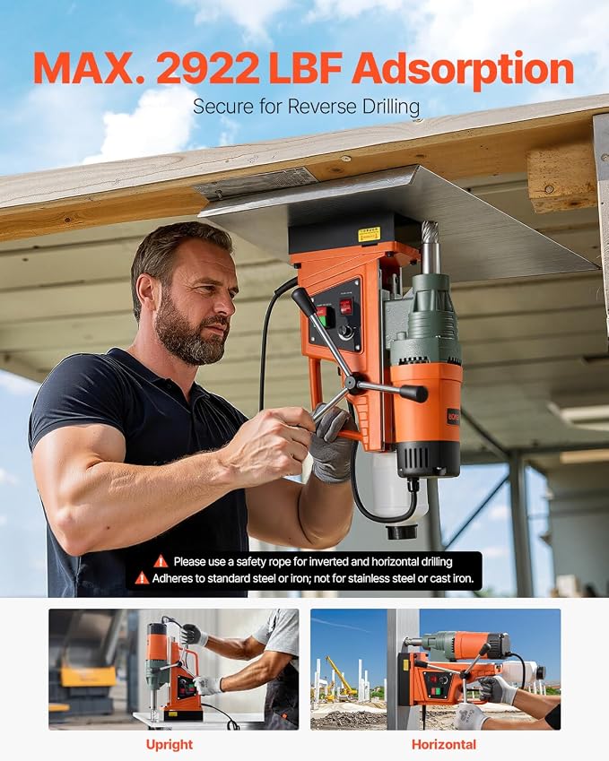 VEVOR 1550W Mag Drill Press, 2" Core Drilling Machine, 2922 lbf 0-550 RPM Variable Speed Portable Magnetic Drill, Heavy Duty Metal Hole Cutter for I-Beam Steel Fabrication, Workshop & DIY Work
