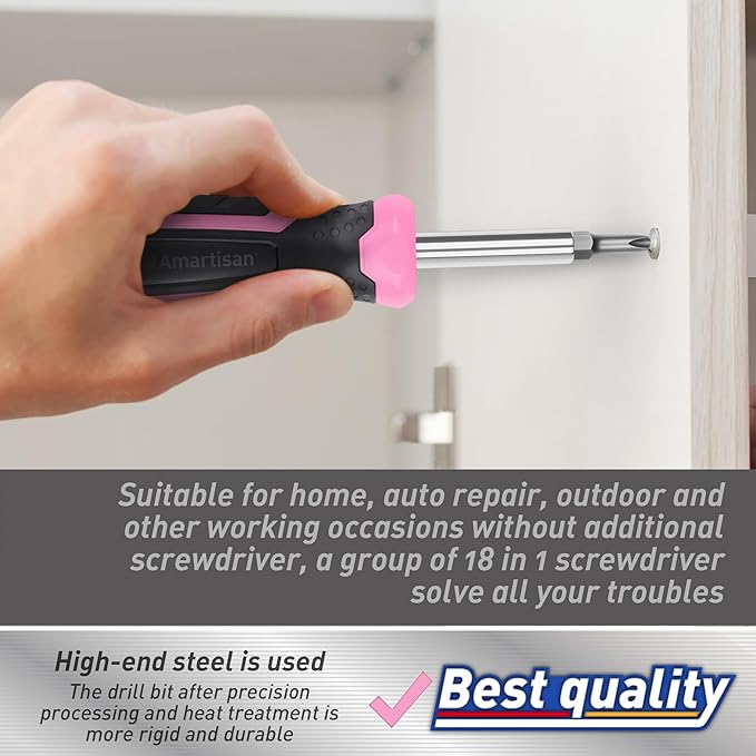 Amartisan 18-in-1 Multi-bit Screwdriver Set Tool All in One, Portable Multi-Purpose Screwdriver, Slotted/Philips/Pozi/Torx/Square,Nut Driver (Pink)