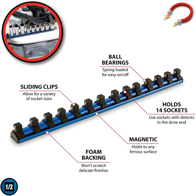 Performance Tool W32003 1/2 in. Drive Magnetic Socket Organizer Rail | Rare earth magnets secure to metal. Holds 14 sockets. EVA foam backing protects toolbox. Spring-loaded clips