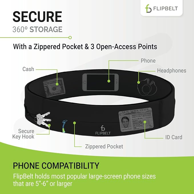 FlipBelt Zipper Running Belt, Waist Pack for Fitness and Running, US Company