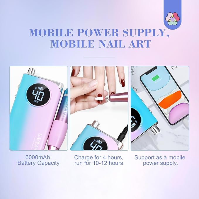 SAVILAND Electric Nail Drill: 40000RPM Nail Drill Professional with 56 Sanding Bands 12 Bits Sets, Rechargeable Nail File Ultra Power Machine for Acrylic Nails Gel Polishing Removing, Salon Home
