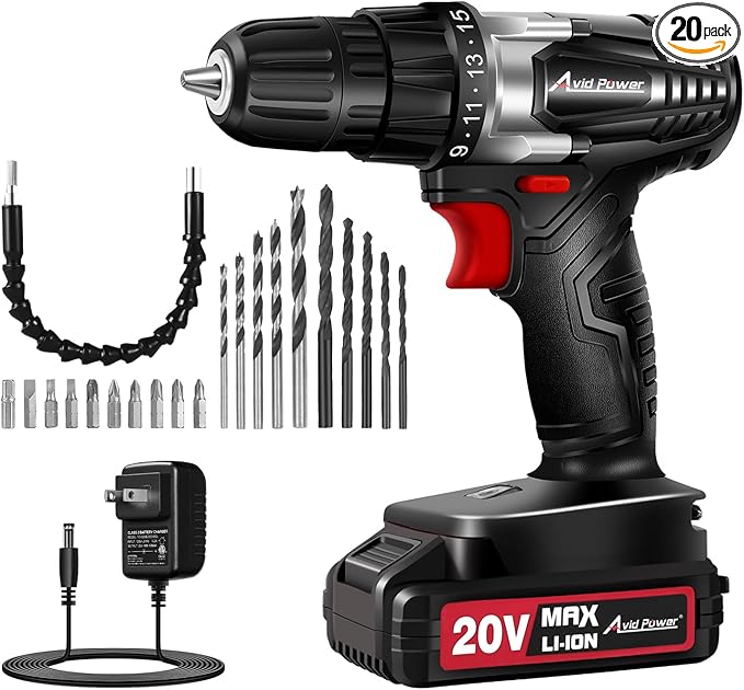 AVID POWER 20V Cordless Drill Set for Home DIY & Beginner Projects - Lightweight Power Drill with Battery Charger & 22 Bits, Variable Speed, 3/8" Keyless Chuck, Ideal for Furniture Assembly (Black)