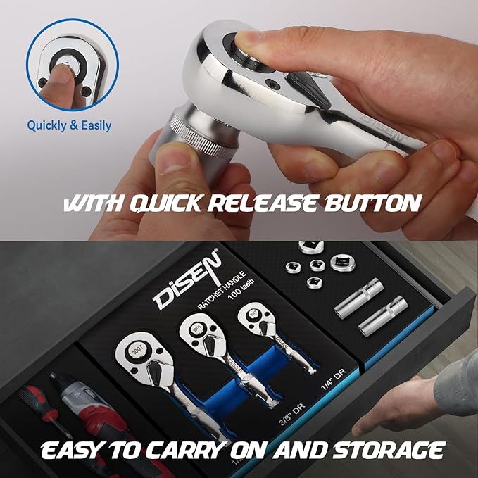 DISEN 3-Piece Stubby Ratchet Set – 1/4", 3/8", 1/2" Drive | 100-Tooth Ratchet with EVA Storage Tray | Quick Release Button | Non-Slip Grip | Reversible 3.6° Design for Tight Spaces, Chrome Finish