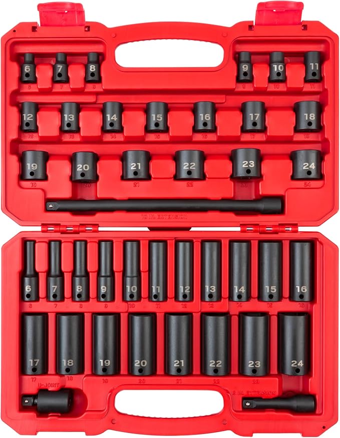 TEKTON 3/8 Inch Drive 6-Point Impact Socket Set, 41-Piece (6-24 mm) | SID91401 | (6 - 24 mm), Shallow and Deep, 6-Point, Case