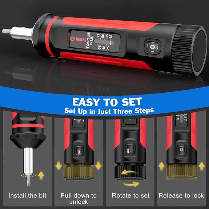 VANPO Torque Screwdriver 15-75 in-lb, 1/4" Drive Precision Driver Set | Inch Pounds Torque Wrench, 40 S2 Steel Bits for Gunsmithing, Bike Repair, Scope Mounting, Maintenance, DIY