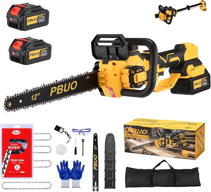 12 Inch Cordless Brushless Chainsaw, 2-IN-1 Telescoping Pole Saw with 2×4.0Ah Batteries & 4 Chains, Lightweight Safe Tree Pruner for Garden Wood Cutting