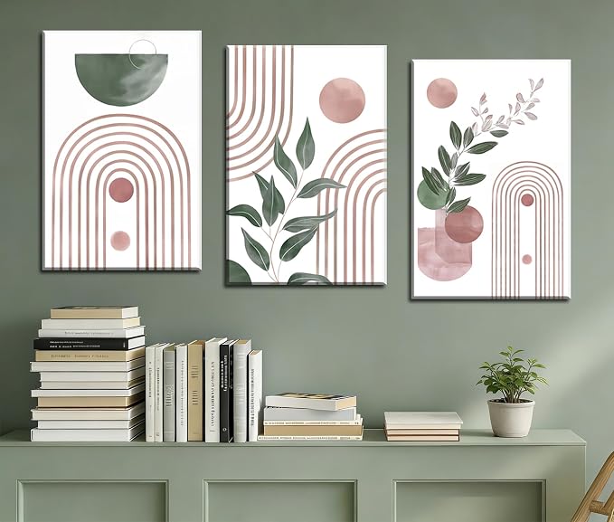 Frimeeme Framed Large Boho Pink and Green Canvas Print Set of 3 ，Abstract Leaves Geometry, Ready to Hang, 16x24 Inches