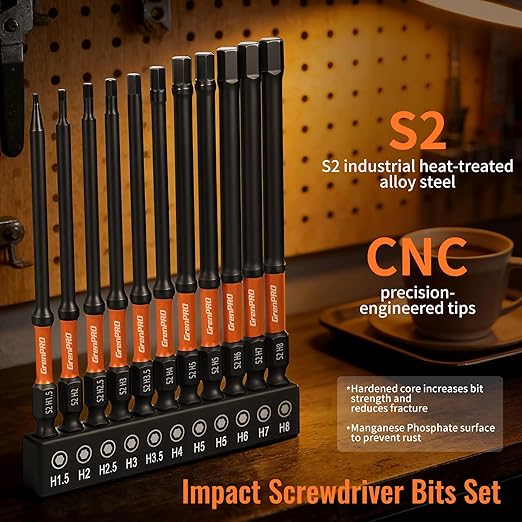 GRENPRO 11PCS Impact Hex Head Allen Wrench Drill Bit Set(Metric), 1/4" Hex Shank S2 Steel Magnetic Hex Bits, CNC Machined Tips, 4 Inch Length with Storage Box