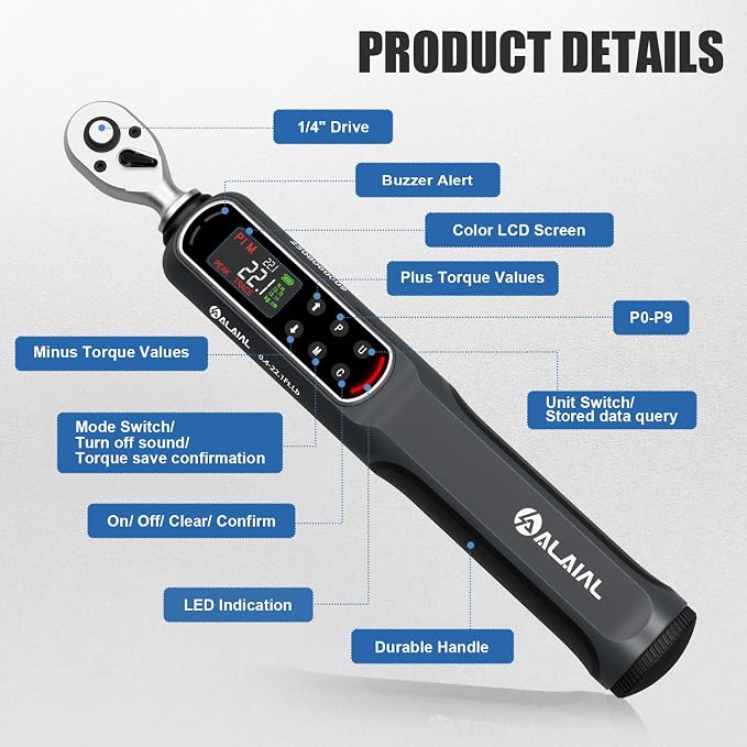 Digital Torque Wrench 1/4 Drive, 0.4-22.1 Ft.Lb ±2% Accuracy | LED Display, Buzzer&Vibration Alert, 2 Modes, 10 Presets&500 Data Logs, for Lug Nuts, Automotive, Motorcycle Repair