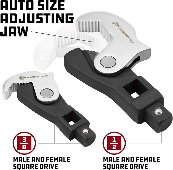 Powerbuilt 2 Piece Spring-Loaded Crowfoot Wrench Set, Adjustable, Auto Size, Universal, Self-Adjusting, Power Grip , Rapid Wrench- 240274