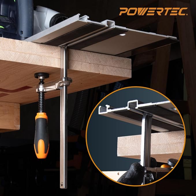 POWERTEC 110" Track Saw Guide Kit for DeWalt, Includes 2PK 55" Guide Rails, 1PK Guide Rail Connector, and 2PK 7" Track Saw Clamps (72059)