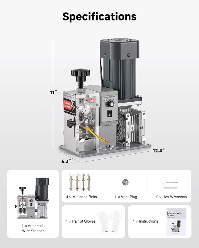 CREWORKS 250W Electric Wire Stripper Machine, Electric Wire Stripping Machine with Adjustable Speed for 0.06-1.18 in. Cables, Wire Stripper Tool for 1.5 to 30 mm Scrap Copper Cable Wire Recycling