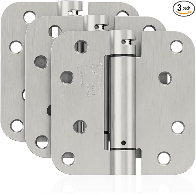 3 Pack Self Closing Door Hinges, 4 Inch Spring Loaded Door Hinges for Garage, Front, Back Door, Left/Right Hand, Adjustable Tension, 5/8'' Radius Corners, UL Listed, Brushed Nickel
