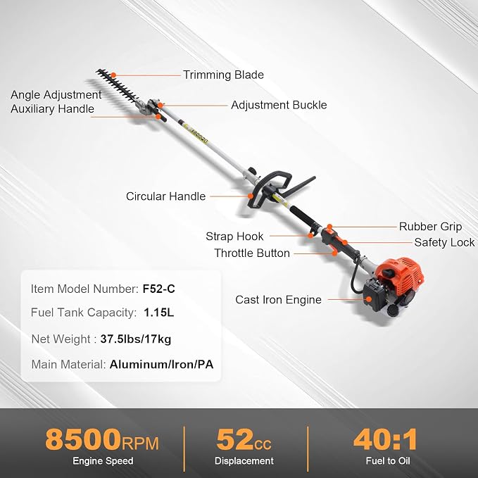 VEVOR 52cc Gas-Powered 6-in-1 Multi-Functional Trimmer - Hedge Trimmer, Brush Cutter, Weed Eater, Edger, Pole Saw & Chainsaw Pruner, EPA, CE & EMC Certified