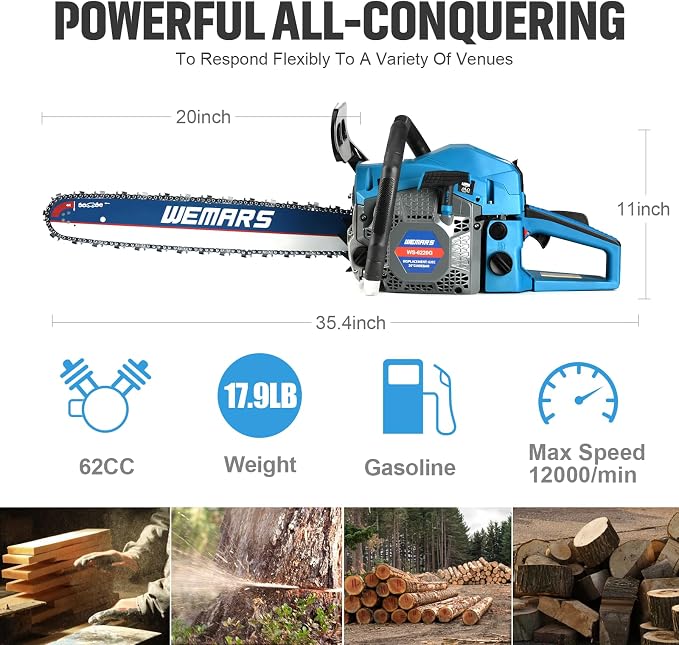 2-cycle 62CC Chainsaw Saw Gas Powered 20" Chain Saws Cordless Petrol Saw Handheld Chainsaw for Cutting Wood Trees Branches(6220C)