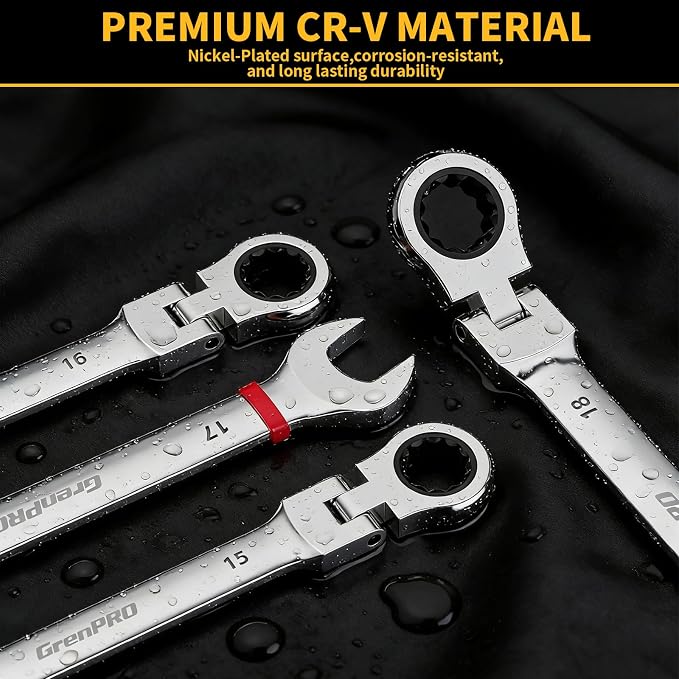 GRENPRO 23PC Flex Head Ratcheting Wrench Set Metric&SAE Combination OpenEnd | 1/4"-3/4"&6-18MM Bolt Gauge, CR-V Steel 72-Tooth 180-Degree Flex-Head 12Pt, Color Rings, Storage Box For Auto & Home Repair